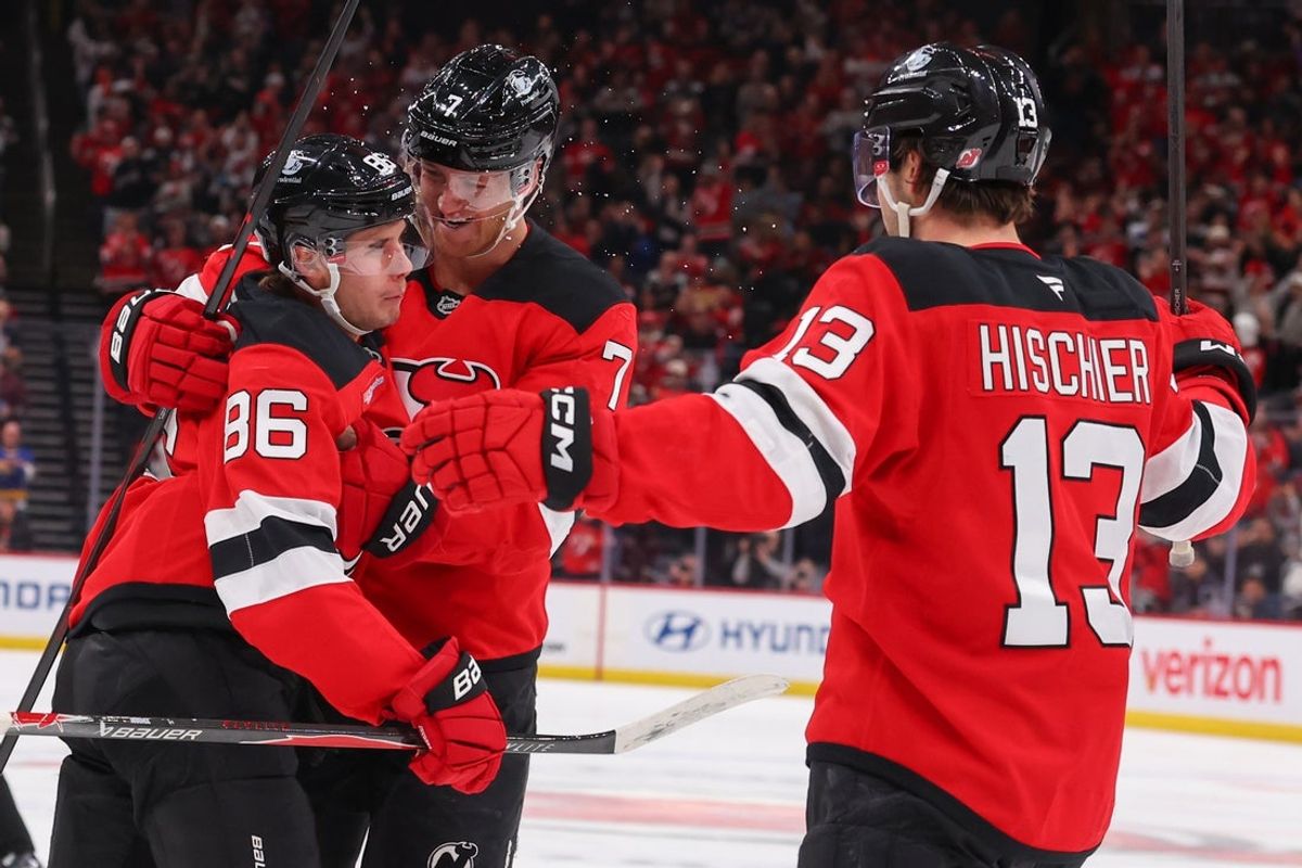 Oct 24, 2025; Newark, New Jersey, USA; New Jersey Devils defenseman Dougie Hamilton (7) celebrates his goal against the San Jose Sharks during the second period at Prudential Center. Mandatory Credit: Ed Mulholland-Imagn Images