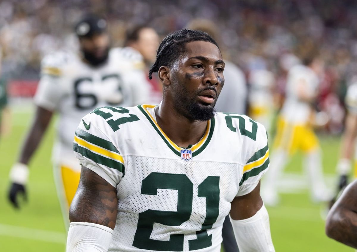 Oct 19, 2025; Glendale, Arizona, USA; Green Bay Packers cornerback Nate Hobbs (21) against the Arizona Cardinals at State Farm Stadium. Mandatory Credit: Mark J. Rebilas-Imagn Images