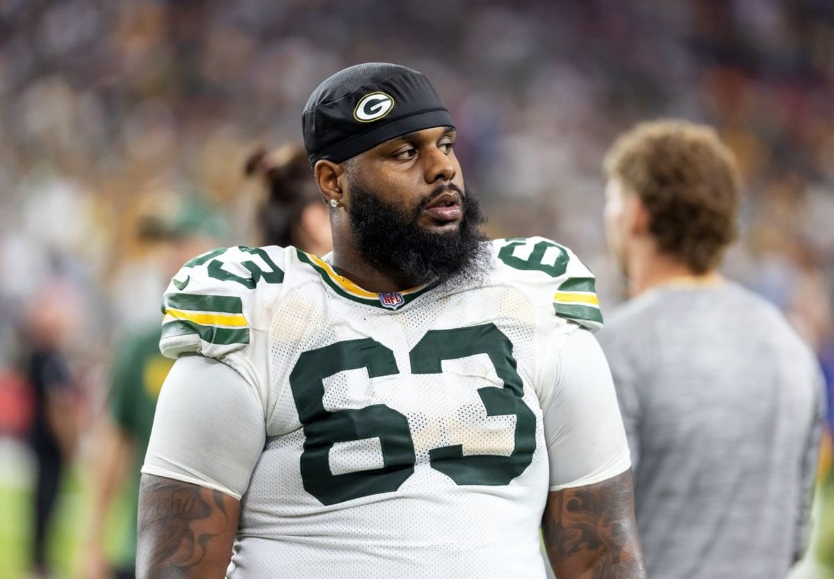 Oct 19, 2025; Glendale, Arizona, USA; Green Bay Packers tackle Rasheed Walker (63) against the Arizona Cardinals at State Farm Stadium. Mandatory Credit: Mark J. Rebilas-Imagn Images