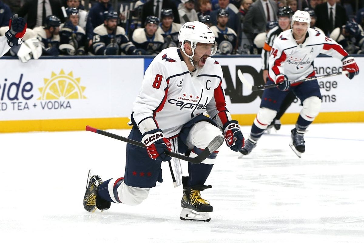 Oct 24, 2025; Columbus, Ohio, USA; Washington Capitals left wing Alex Ovechkin (8) celebrates goal his 899th goal against the Columbus Blue Jackets during the third period at Nationwide Arena. Mandatory Credit: Russell LaBounty-Imagn Images