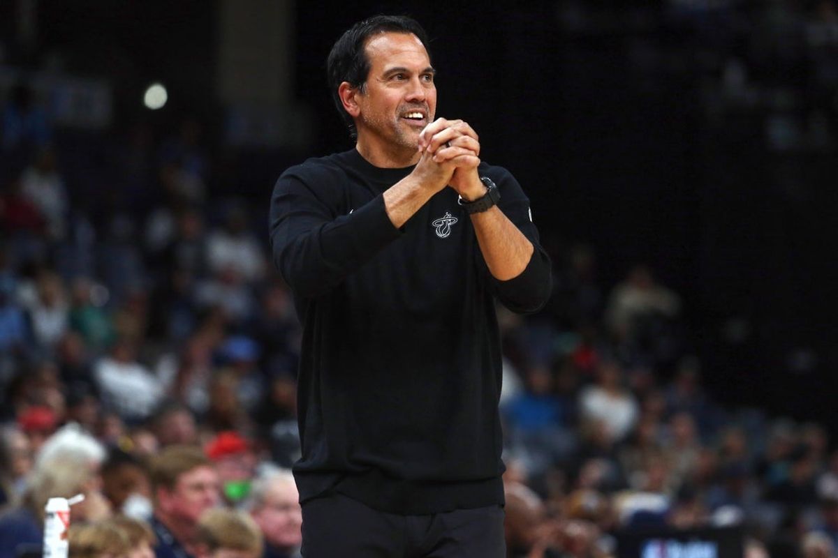 Oct 24, 2025; Memphis, Tennessee, USA; Miami Heat head coach Erik Spoelstra reacts during the fourth quarter against the Memphis Grizzlies at FedExForum. Mandatory Credit: Petre Thomas-Imagn Images