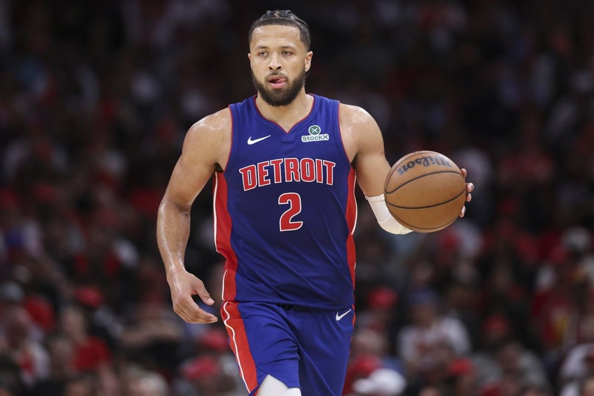 Oct 24, 2025; Houston, Texas, USA; Detroit Pistons guard Cade Cunningham (2) brings the ball up the court during the fourth quarter against the Houston Rockets at Toyota Center. Mandatory Credit: Troy Taormina-Imagn Images