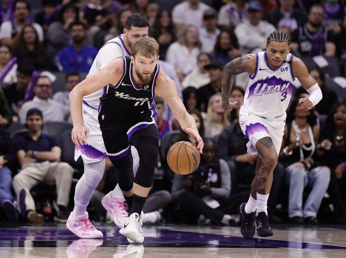 Oct 24, 2025; Sacramento, California, USA; Sacramento Kings center Domantas Sabonis (11) after a steal against the Utah Jazz during the second quarter at Golden 1 Center. Mandatory Credit: Kelley L Cox-Imagn Images