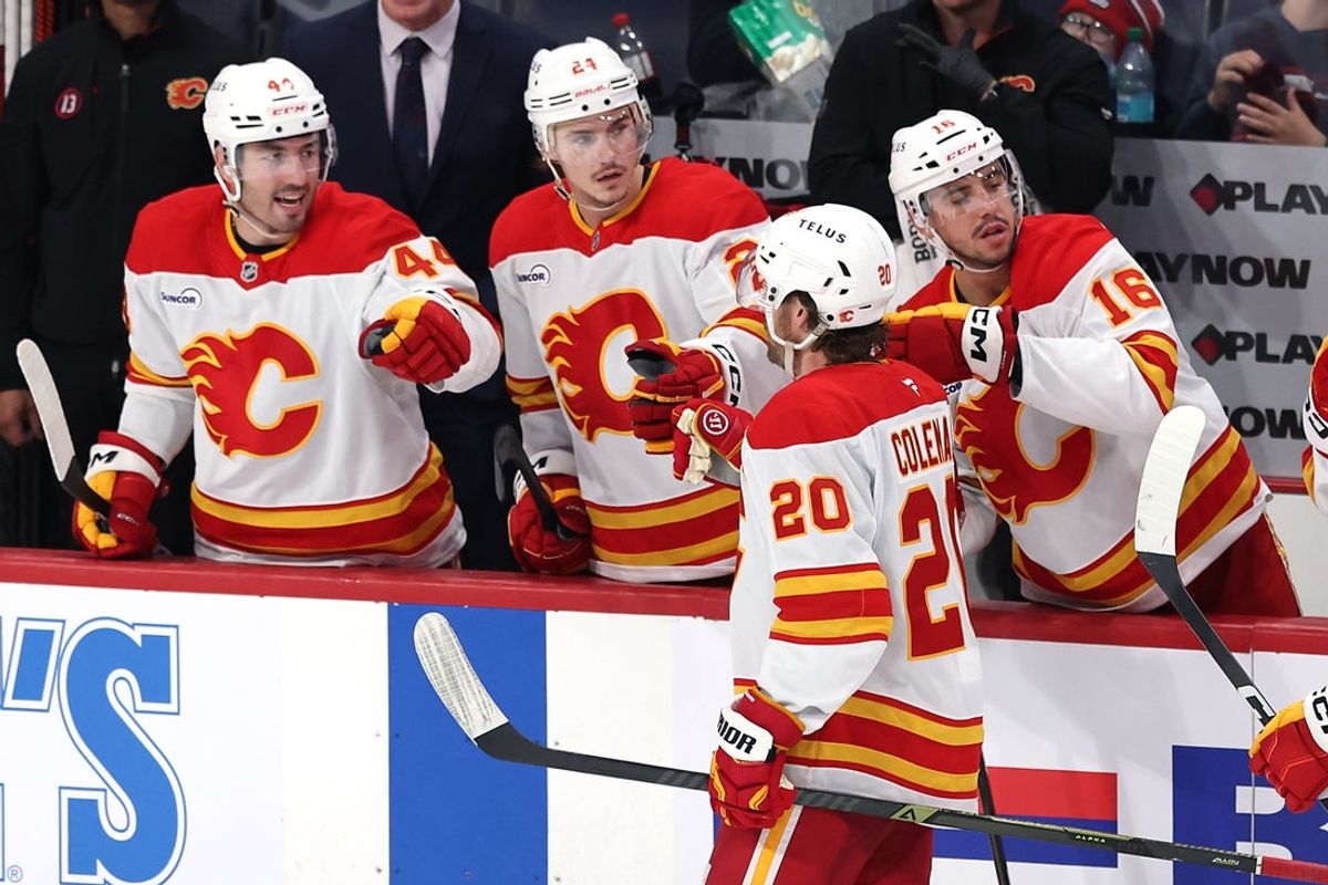 Oct 24, 2025; Winnipeg, Manitoba, CAN; Calgary Flames left wing Blake Coleman (20) celebrates his goal against the Winnipeg Jets in the third period at Canada Life Centre. Mandatory Credit: James Carey Lauder-Imagn Images