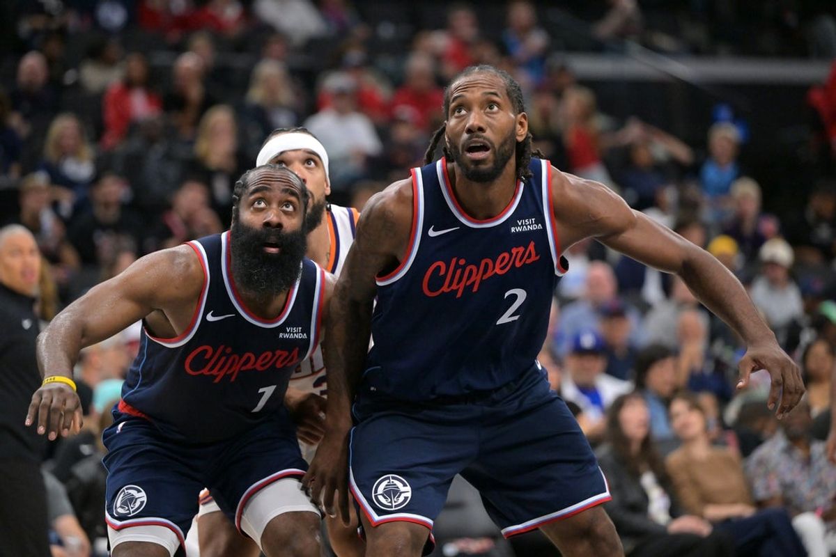 Oct 24, 2025; Inglewood, California, USA; Los Angeles Clippers guard James Harden (1) and forward Kawhi Leonard (2) Phoenix Suns forward Dillon Brooks (3) in the second half against the Phoenix Suns at Intuit Dome. Mandatory Credit: Jayne Kamin-Oncea-Imagn Images