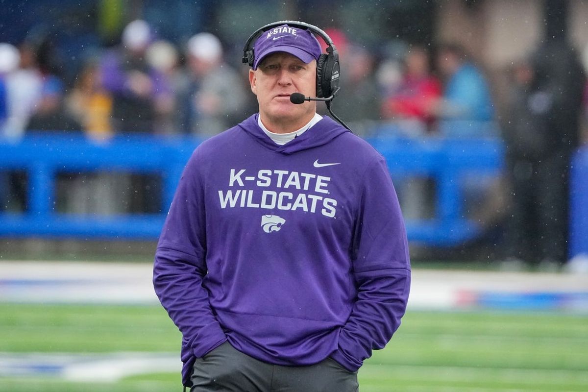 Oct 25, 2025; Lawrence, Kansas, USA; Kansas State Wildcats head coach Chris Klieman on the sidelines against the Kansas Jayhawks during the first half of the game at David Booth Kansas Memorial Stadium. Mandatory Credit: Denny Medley-Imagn Images