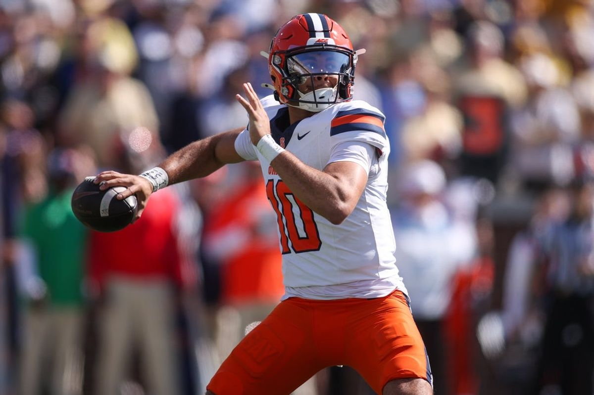Oct 25, 2025; Atlanta, Georgia, USA; Syracuse Orange quarterback Rickie Collins (10) throws a pass against the Georgia Tech Yellow Jackets in the first quarter at Bobby Dodd Stadium at Hyundai Field. Mandatory Credit: Brett Davis-Imagn Images