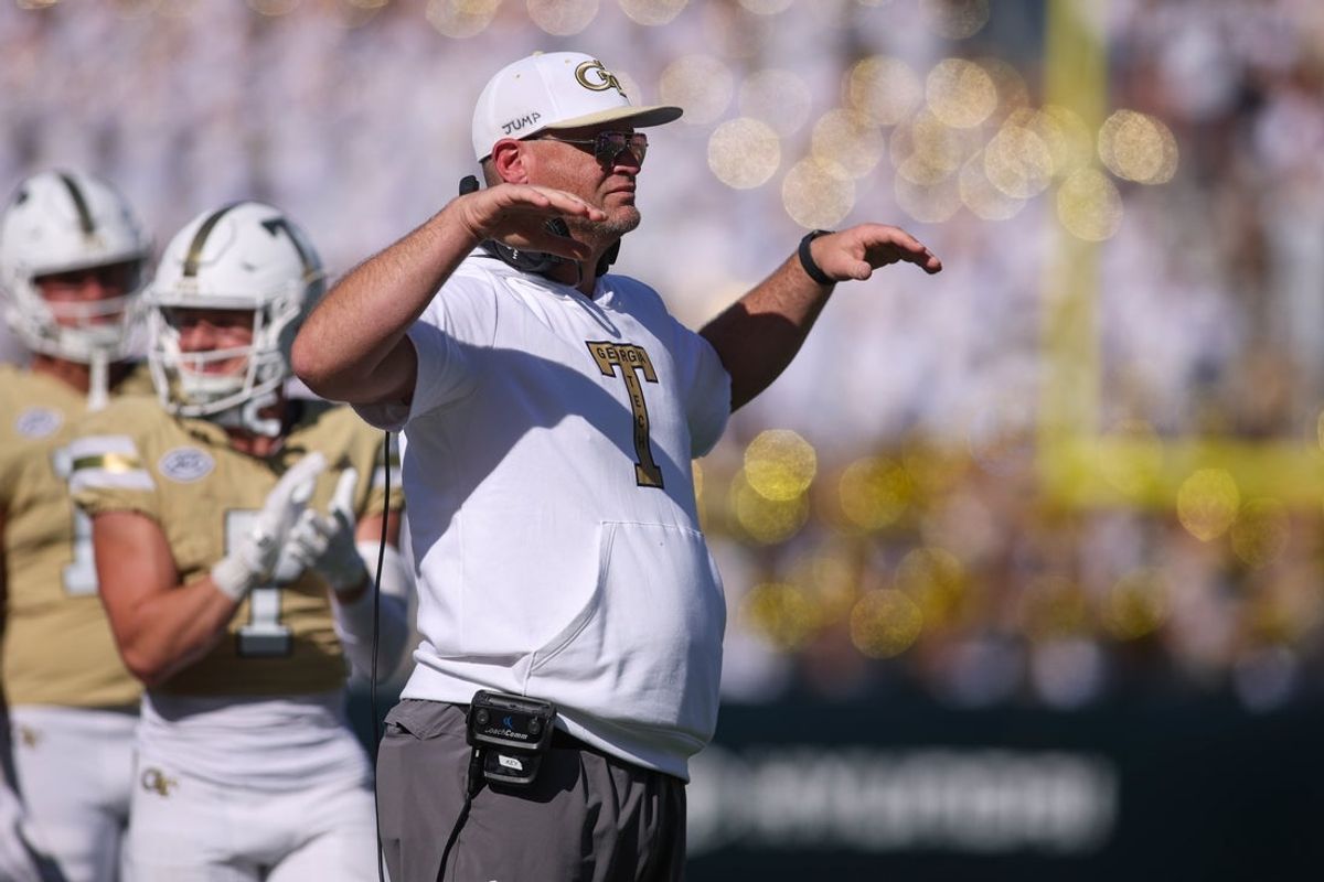 Oct 25, 2025; Atlanta, Georgia, USA; Georgia Tech Yellow Jackets head coach Brent Key on the sideline against the Syracuse Orange in the fourth quarter at Bobby Dodd Stadium at Hyundai Field. Mandatory Credit: Brett Davis-Imagn Images