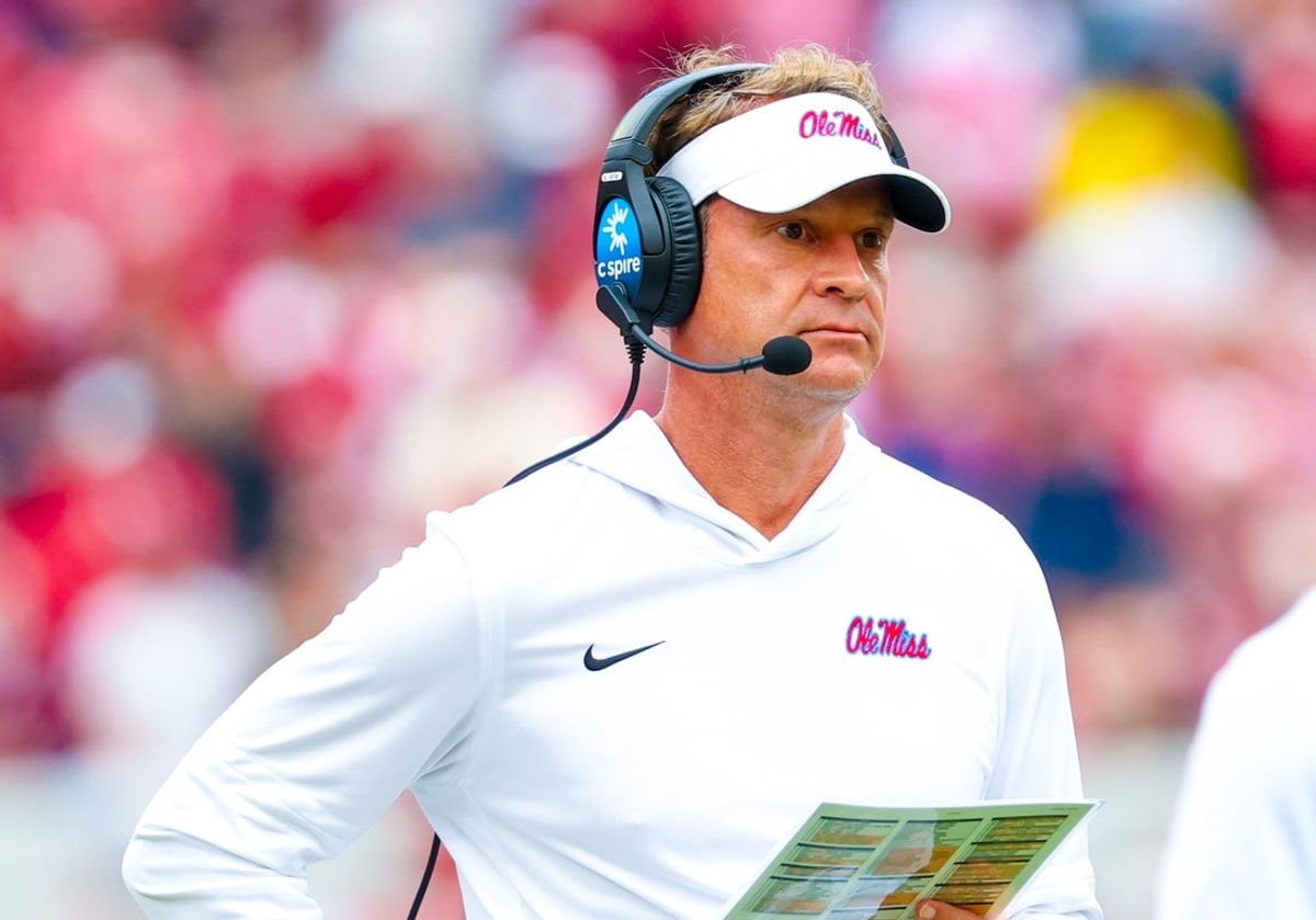 Oct 25, 2025; Norman, Oklahoma, USA;  Ole Miss Rebels head coach Lane Kiffin reacts during the second half against the Oklahoma Sooners at Gaylord Family-Oklahoma Memorial Stadium. Mandatory Credit: Kevin Jairaj-Imagn Images