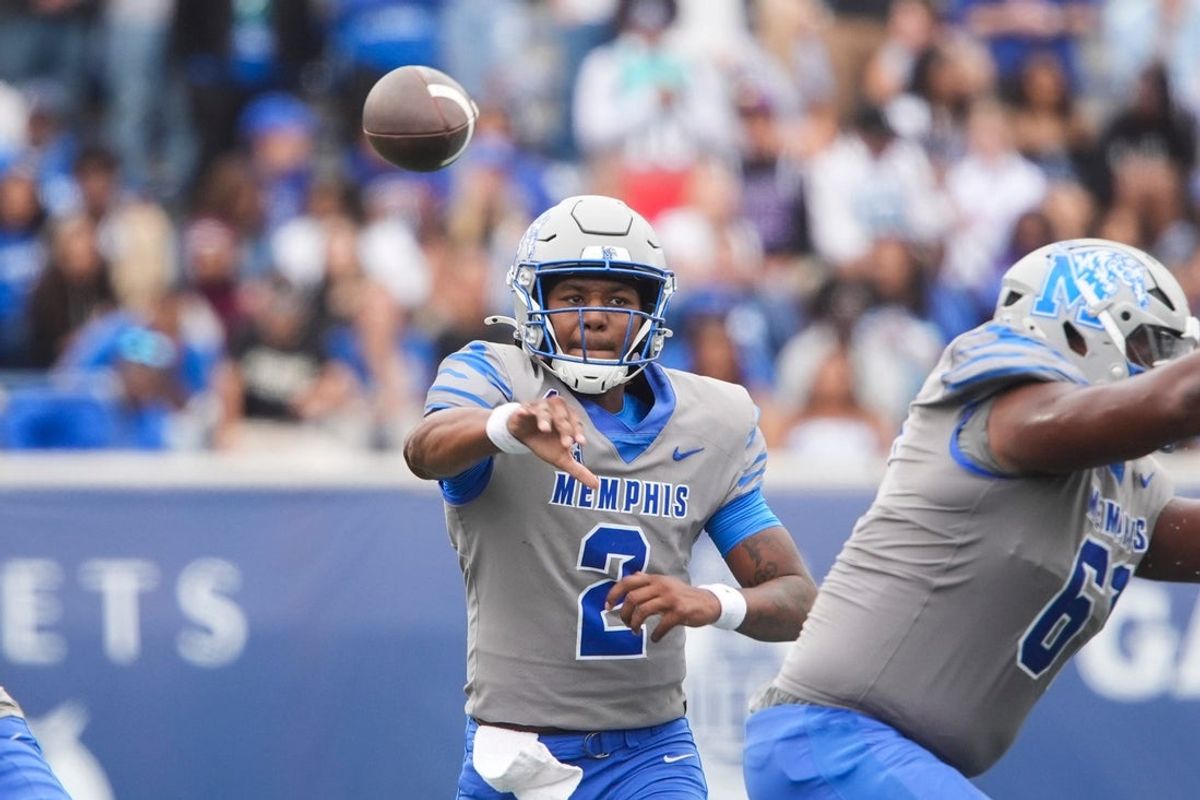 Memphis' Brendon Lewis (2) throws a pass during the game between USF and Memphis at Simmons Bank Liberty Stadium in Memphis, Tenn., on October 25, 2025.