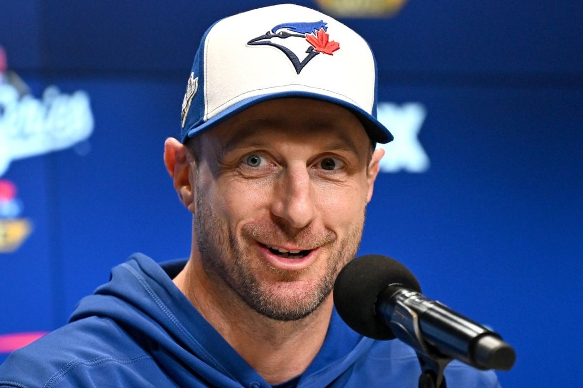 Oct 25, 2025; Toronto, Ontario, CAN; Toronto Blue Jays pitcher Max Scherzer (31) speaks to the media prior to game two of the 2025 MLB World Series against the Los Angeles Dodgers at Rogers Centre. Mandatory Credit: Dan Hamilton-Imagn Images