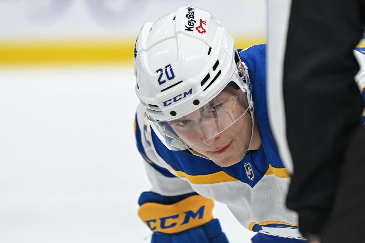 Oct 25, 2025; Toronto, Ontario, CAN; Buffalo Sabres center Jiri Kulich (20) in the face-off circle against the Toronto Maple Leafs during the second period at Scotiabank Arena. Mandatory Credit: Gerry Angus-Imagn Images