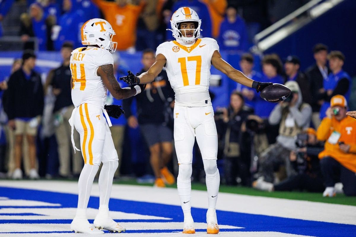 Oct 25, 2025; Lexington, Kentucky, USA; Tennessee Volunteers wide receiver Chris Brazzell II (17) celebrates a touchdown with wide receiver Braylon Staley (14) during the first quarter Kentucky Wildcats at Kroger Field. Mandatory Credit: Jordan Prather-Imagn Images