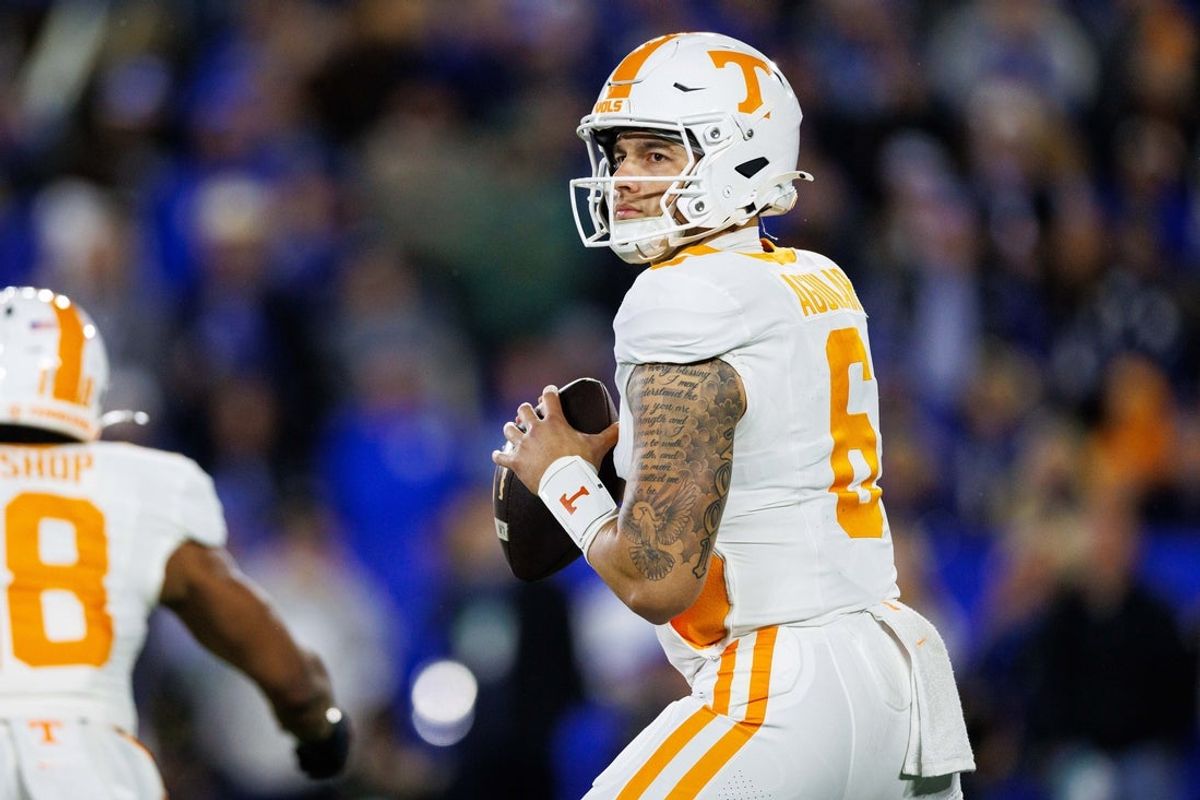 Oct 25, 2025; Lexington, Kentucky, USA; Tennessee Volunteers quarterback Joey Aguilar (6) looks of an open receiver during the first quarter against the Kentucky Wildcats at Kroger Field. Mandatory Credit: Jordan Prather-Imagn Images