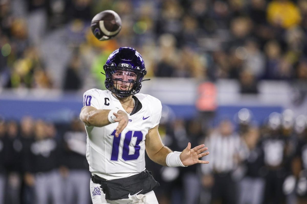 Oct 25, 2025; Morgantown, West Virginia, USA; Texas Christian University Horned Frogs quarterback Josh Hoover (10) throws a pass during the third quarter against the West Virginia Mountaineers at Milan Puskar Stadium. Mandatory Credit: Ben Queen-Imagn Images