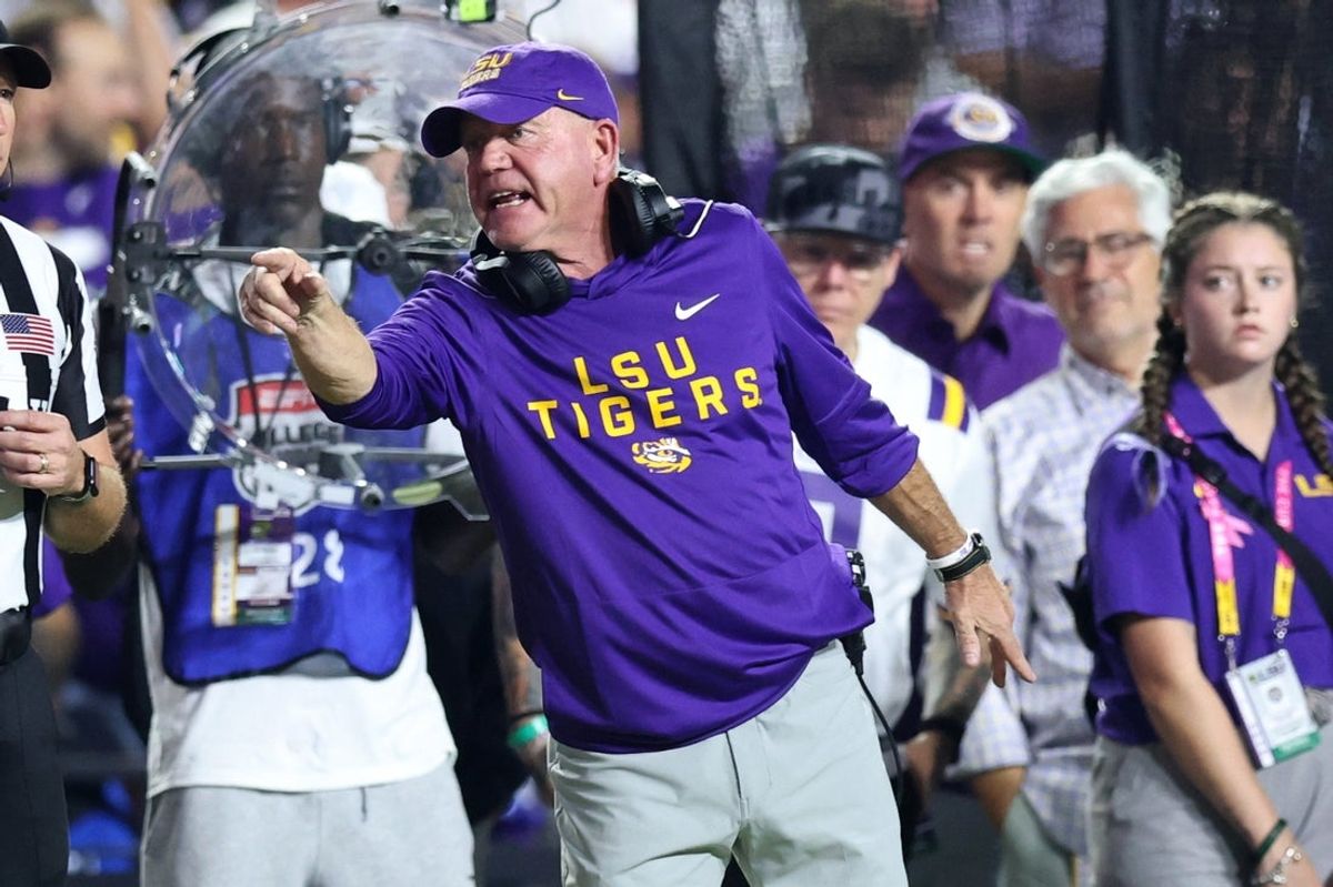 Oct 25, 2025; Baton Rouge, Louisiana, USA; Louisiana State Tigers head coach Brian Kelly during the first half against the Texas A&M Aggies at Tiger Stadium. Mandatory Credit: Stephen Lew-Imagn Images