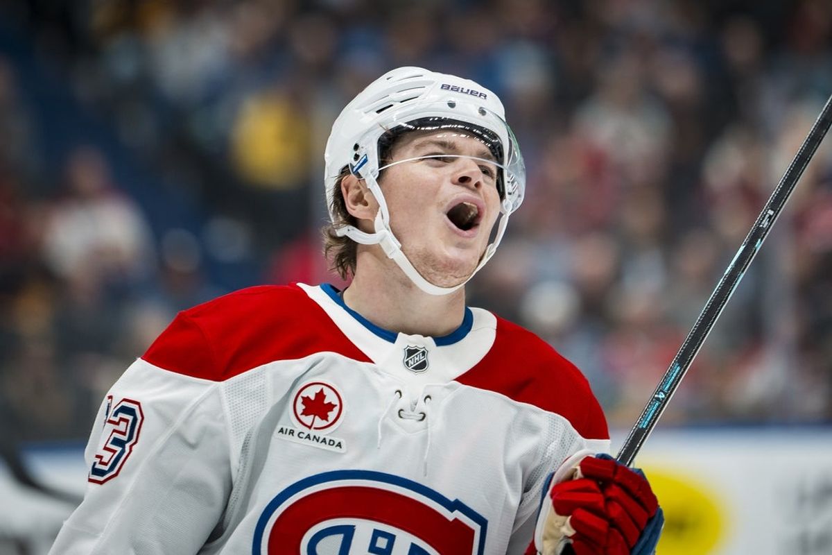 Oct 25, 2025; Vancouver, British Columbia, CAN; Montreal Canadiens forward Cole Caufield (13) reacts to a call by and on ice official against the Vancouver Canucks  in the third period at Rogers Arena. Mandatory Credit: Bob Frid-Imagn Images