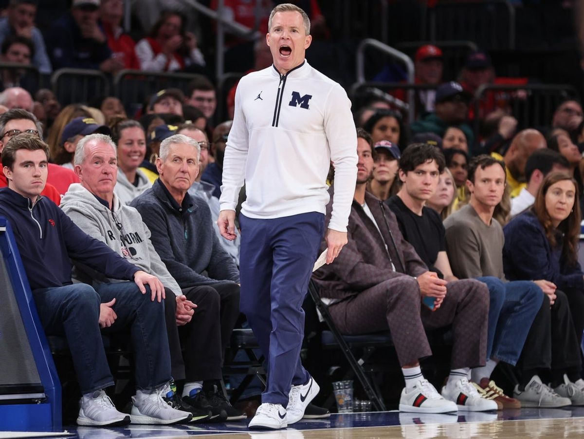 Oct 25, 2025; New York, NY, USA;  Michigan Wolverines head coach Dusty May yells out instructions in the second half against the St. John's Red Storm at Madison Square Garden. Mandatory Credit: Wendell Cruz-Imagn Images