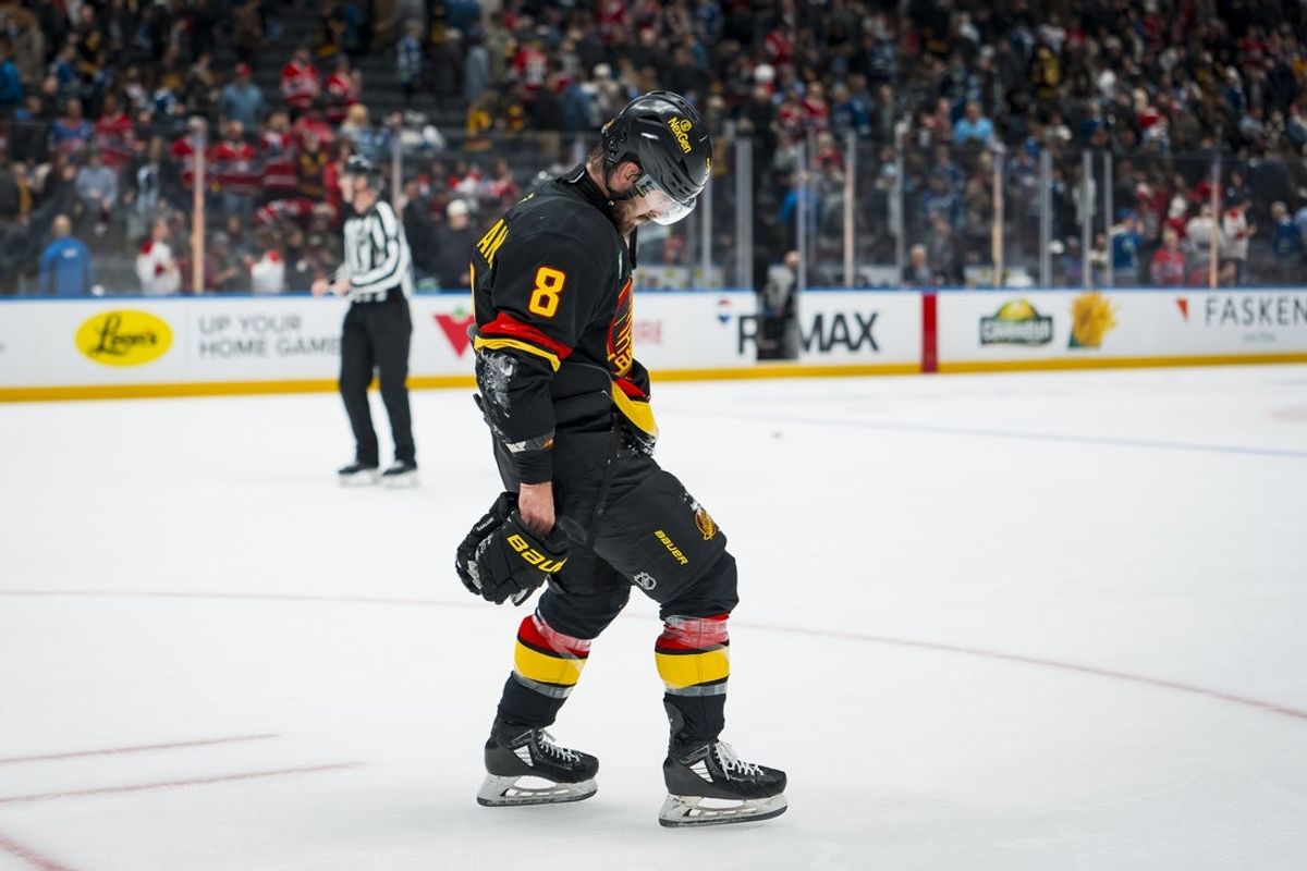 Oct 25, 2025; Vancouver, British Columbia, CAN; Vancouver Canucks forward Conor Garland (8) skates off the ice after the Canucks lost to the Montreal Canadiens at Rogers Arena. Mandatory Credit: Bob Frid-Imagn Images