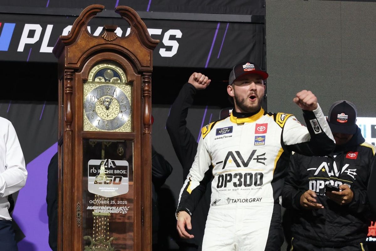 Oct 25, 2025; Martinsville, Virginia, USA; NASCAR Xfinity Series driver Taylor Gray (54) celebrates following the NASCAR Xfinity Series Playoff Race at Martinsville Speedway. Mandatory Credit: Greg Atkins-Imagn Images