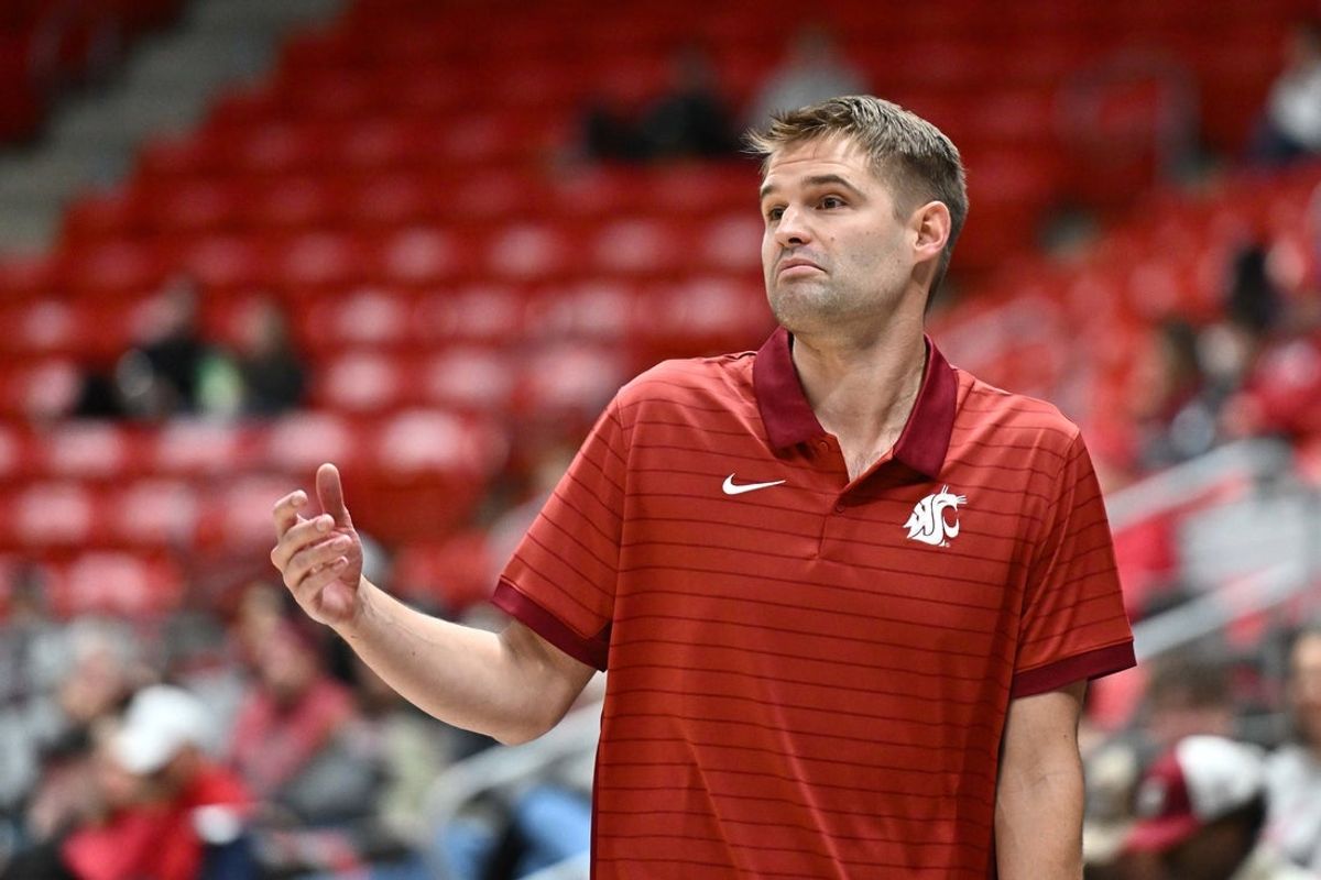 Oct 25, 2025; Pullman, WA, USA; Washington State Cougars head coach David Riley reacts after a play against the New Mexico Lobos in the second half at Friel Court at Beasley Coliseum. Washington State Cougars won 74-66. Mandatory Credit: James Snook-Imagn Images