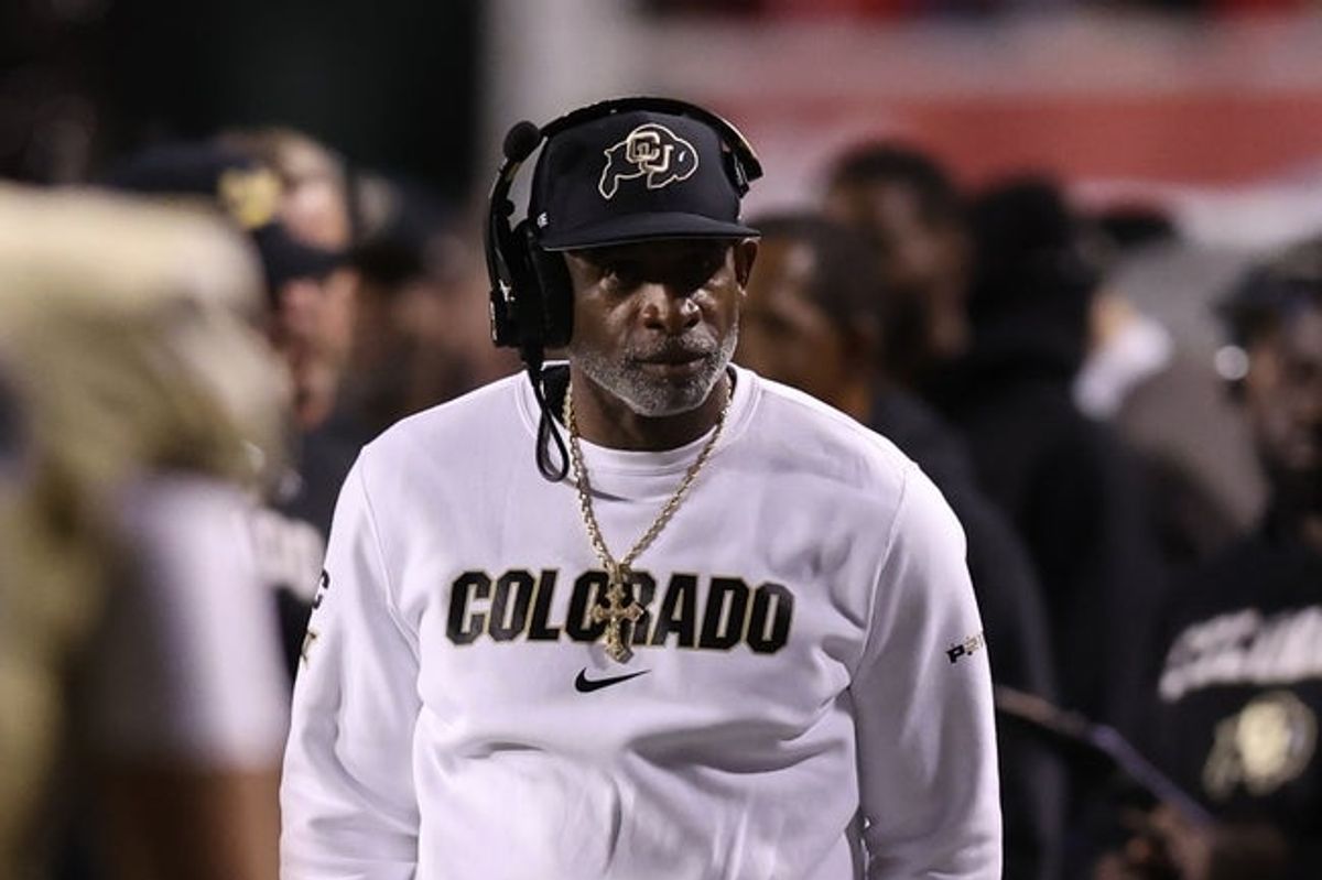 Oct 25, 2025; Salt Lake City, Utah, USA; Colorado Buffaloes head coach Deion Sanders looks on during a time out in the game against the Utah Utes during the second quarter at Rice-Eccles Stadium. Mandatory Credit: Rob Gray-Imagn Images