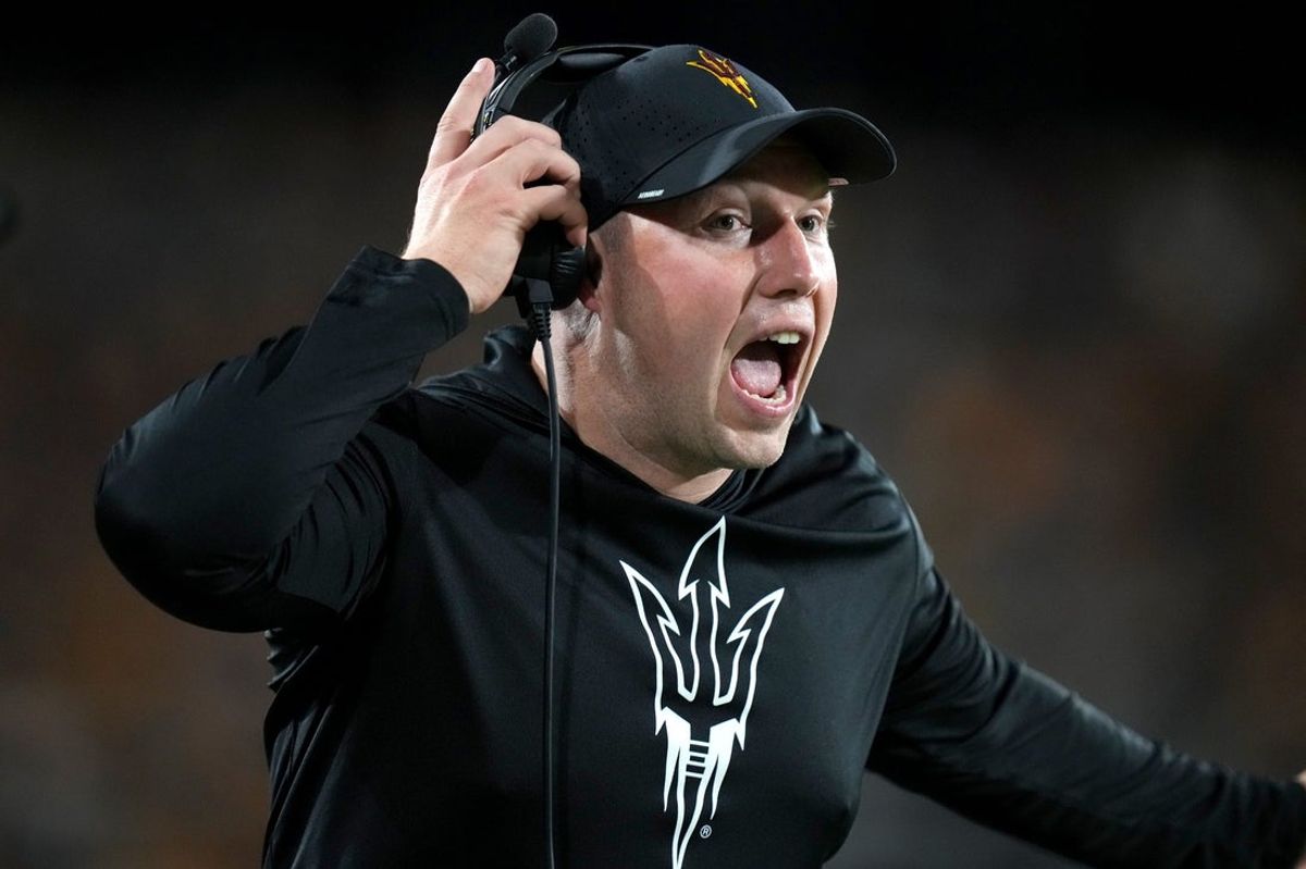 ASU Sun Devils head coach Kenny Dillingham yells out to his team as they play against the Houston Cougars at Mountain America Stadium in Tempe on Oct. 25, 2025.
