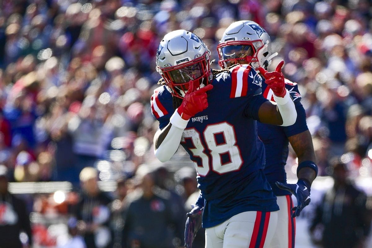 Oct 26, 2025; Foxborough, Massachusetts, USA;  New England Patriots running back Rhamondre Stevenson (38) reacts during the first quarter against the Cleveland Browns at Gillette Stadium. Mandatory Credit: Bob DeChiara-Imagn Images