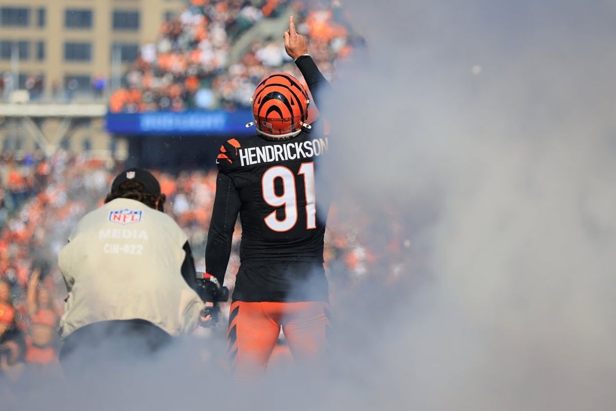 Oct 26, 2025; Cincinnati, Ohio, USA; Cincinnati Bengals defensive end Trey Hendrickson (91) runs out to the field before the game against the New York Jets at Paycor Stadium. Mandatory Credit: Katie Stratman-Imagn Images