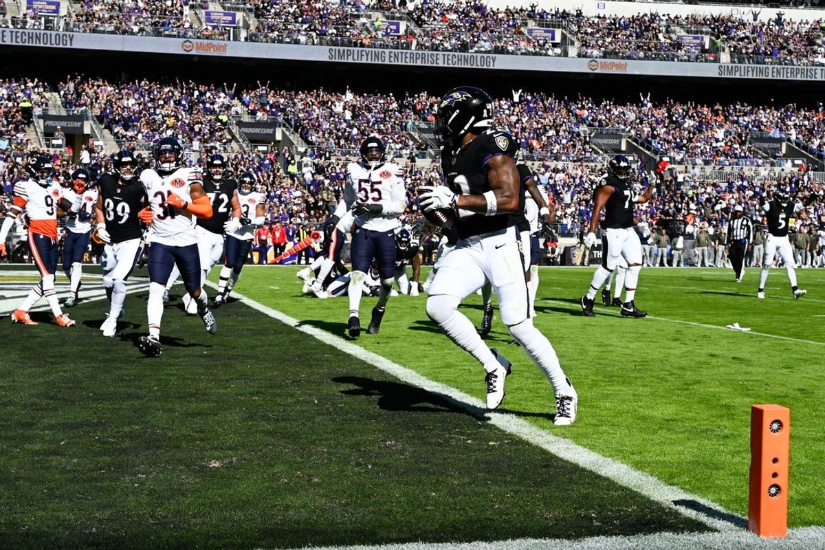 Oct 26, 2025; Baltimore, Maryland, USA; Baltimore Ravens running back Derrick Henry (22) rushes for a touchdown during the second quarter against the Chicago Bears at M&T Bank Stadium. Mandatory Credit: Tommy Gilligan-Imagn Images