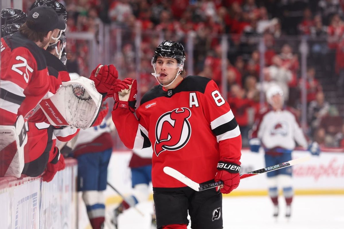 Oct 26, 2025; Newark, New Jersey, USA; New Jersey Devils center Jack Hughes (86) celebrates his goal against the Colorado Avalanche during the first period at Prudential Center. Mandatory Credit: Ed Mulholland-Imagn Images