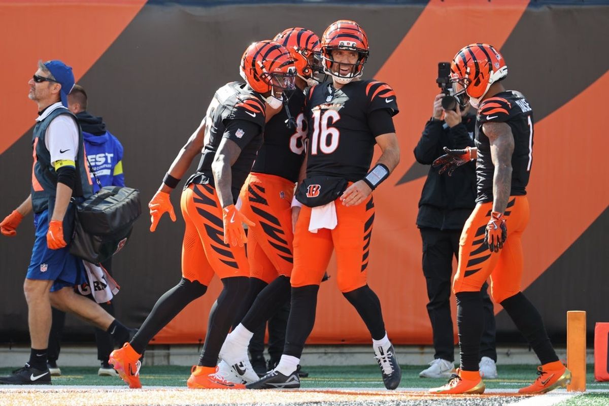Oct 26, 2025; Cincinnati, Ohio, USA; Cincinnati Bengals quarterback Joe Flacco (16) smiles during the second quarter against the New York Jets at Paycor Stadium. Mandatory Credit: Joseph Maiorana-Imagn Images