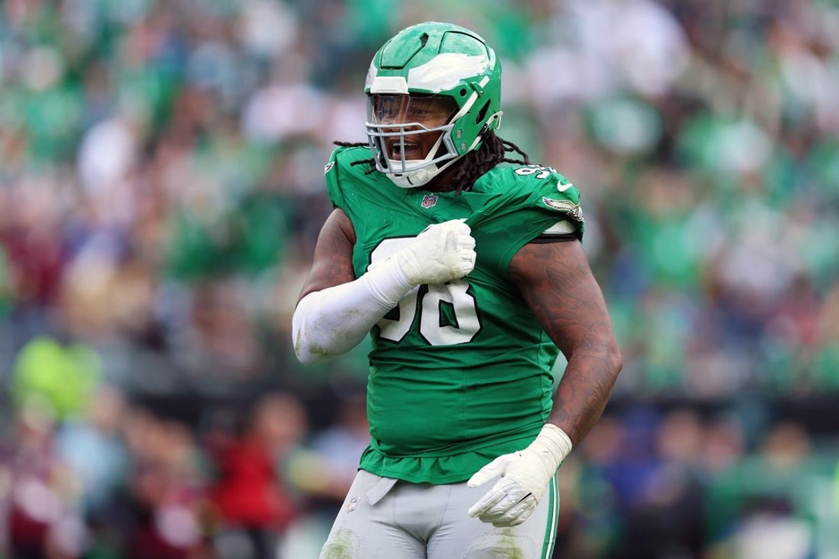 Oct 26, 2025; Philadelphia, Pennsylvania, USA; Philadelphia Eagles defensive tackle Jalen Carter (98) reacts in the third quarter against the New York Giants at Lincoln Financial Field. Mandatory Credit: Bill Streicher-Imagn Images