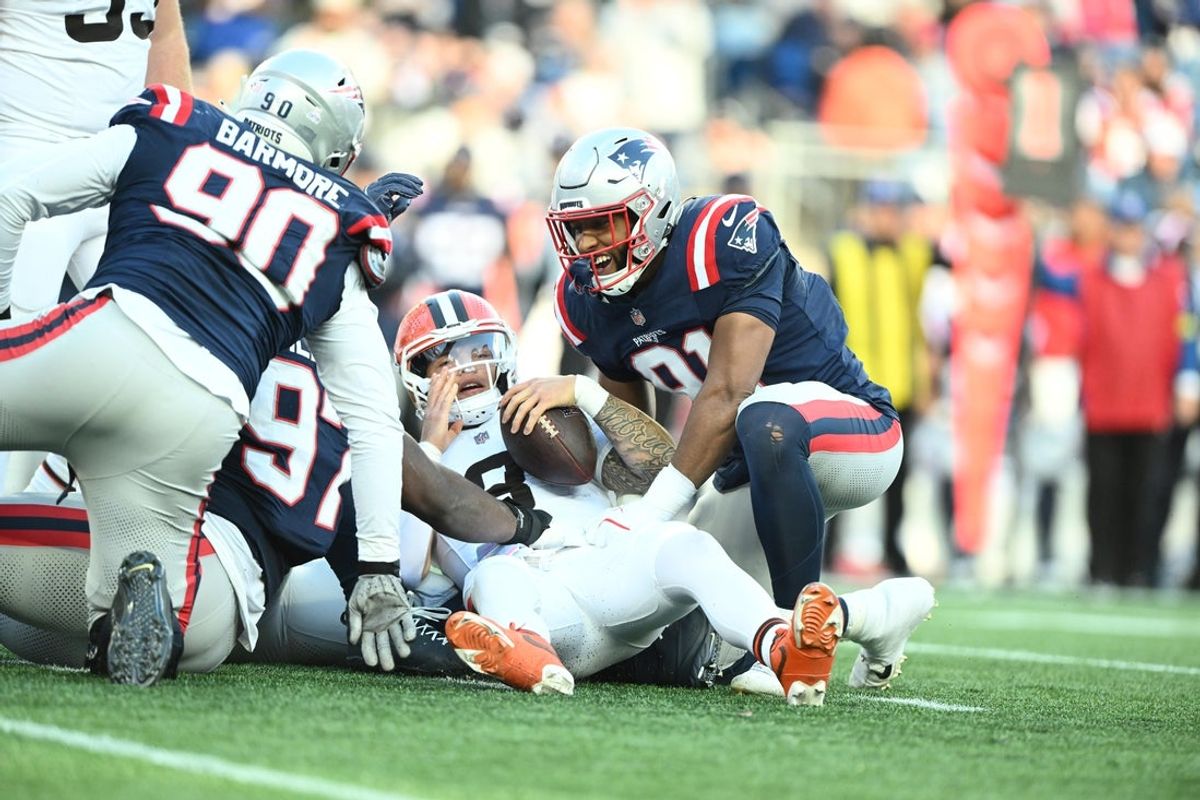 Oct 26, 2025; Foxborough, Massachusetts, USA;  Cleveland Browns quarterback Dillon Gabriel (8) is sacked during the fourth quarter against the New England Patriots at Gillette Stadium. Mandatory Credit: Brian Fluharty-Imagn Images