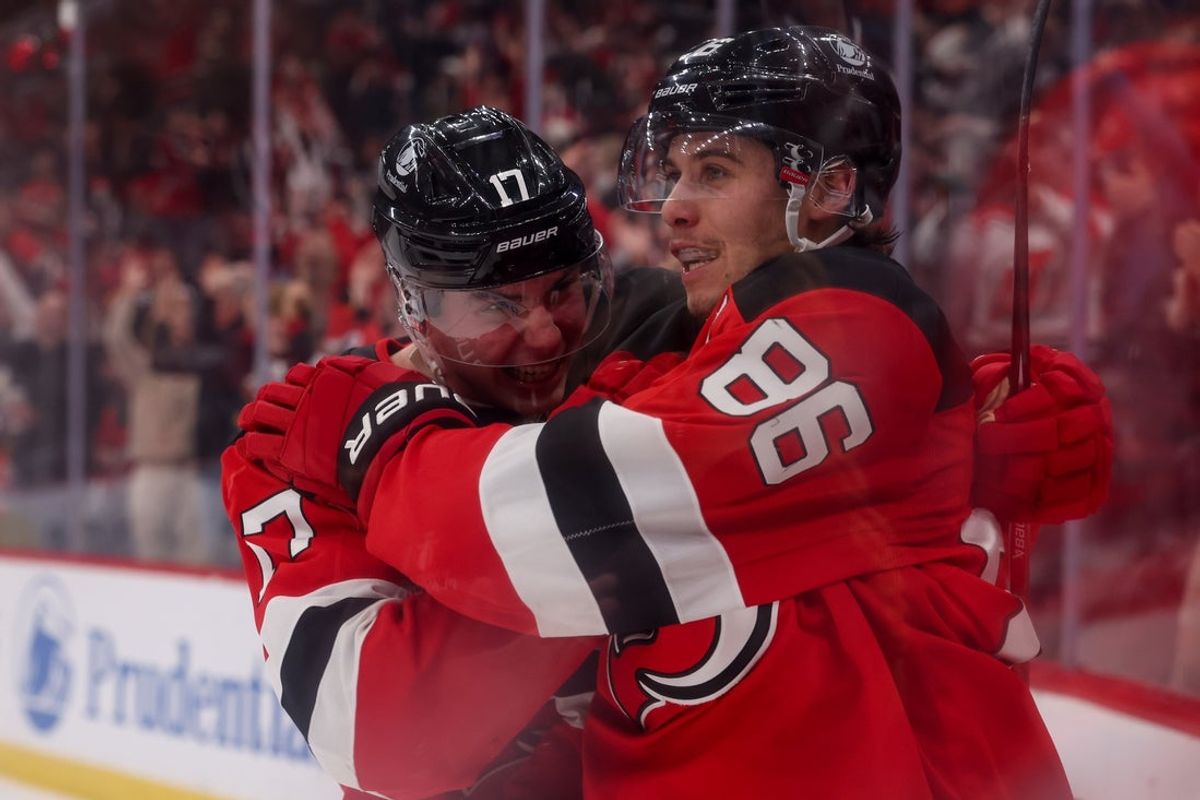 Oct 24, 2025; Newark, New Jersey, USA; New Jersey Devils center Jack Hughes (86) celebrates his game winning goal against the Colorado Avalanche in overtime at Prudential Center. Mandatory Credit: Ed Mulholland-Imagn Images