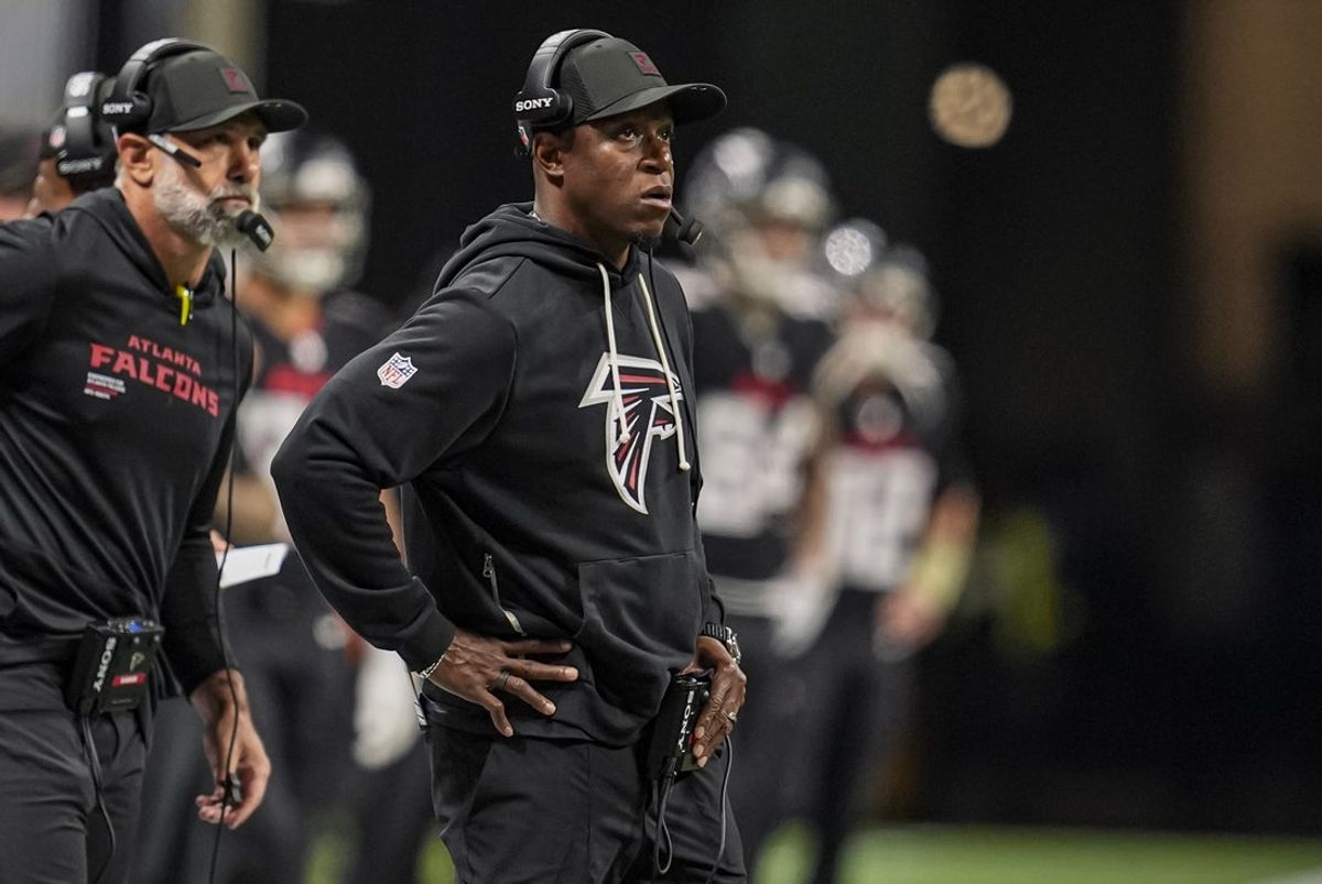 Oct 26, 2025; Atlanta, Georgia, USA; Atlanta Falcons head coach Raheem Morris is shown reacting on the sideline against the Miami Dolphins during the second half at Mercedes-Benz Stadium. Mandatory Credit: Dale Zanine-Imagn Images