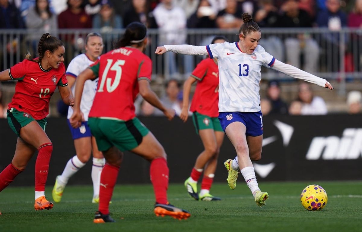 Oct 26, 2025; East Hartford, Connecticut, USA; USA midfielder Olivia Moultrie (13) scores against Portugal in the first half at Pratt & Whitney Stadium at Rentschler Field. Mandatory Credit: David Butler II-Imagn Images