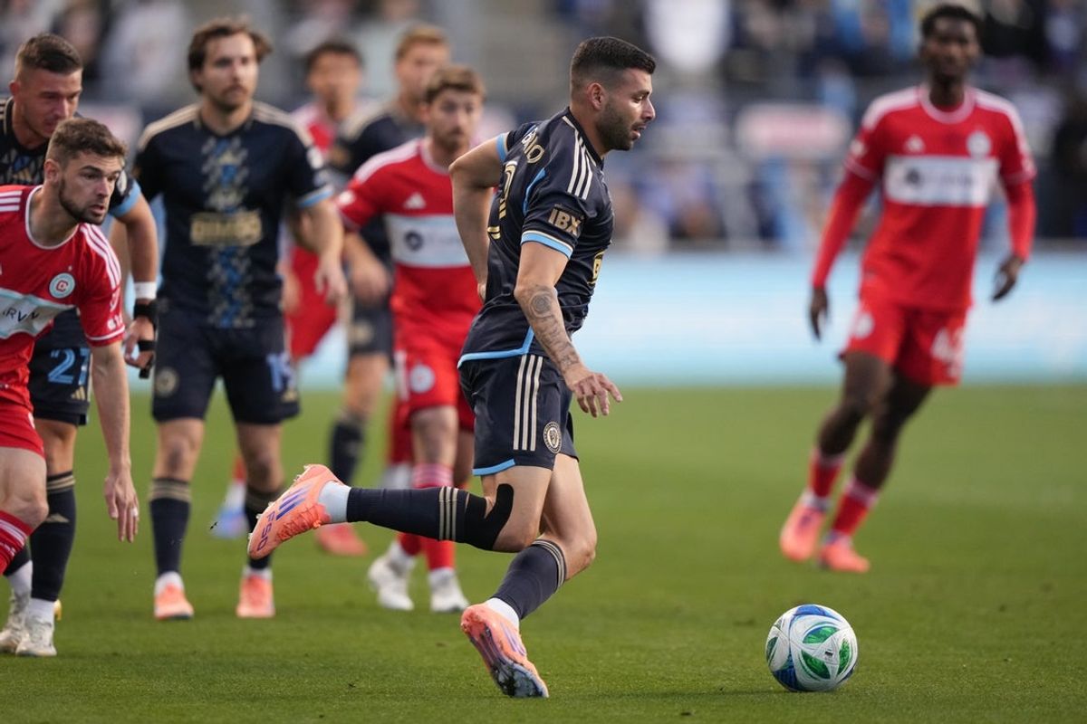 Oct 26, 2025; Chester, Pennsylvania, USA; Philadelphia Union forward Tai Baribo (9) controls the ball against Chicago Fire FC in the first half at Subaru Park. Mandatory Credit: Kyle Ross-Imagn Images