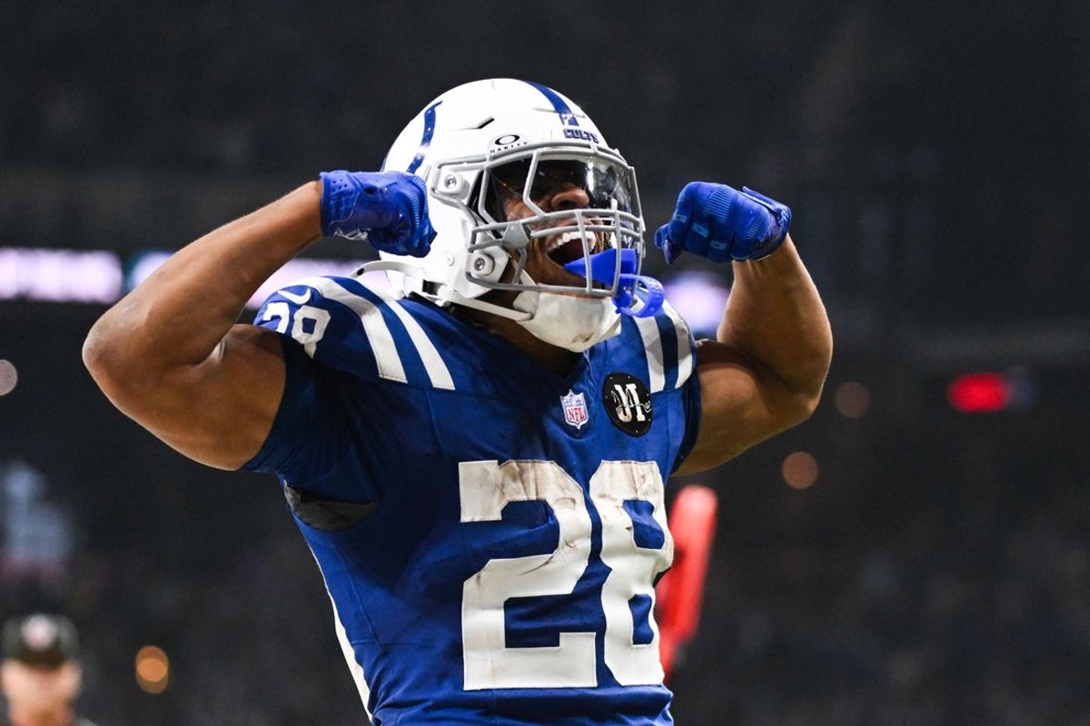 Oct 26, 2025; Indianapolis, Indiana, USA; Indianapolis Colts running back Jonathan Taylor (28) celebrates after scoring a touchdown during the third quarter against the Tennessee Titans at Lucas Oil Stadium. Mandatory Credit: Robert Goddin-Imagn Images