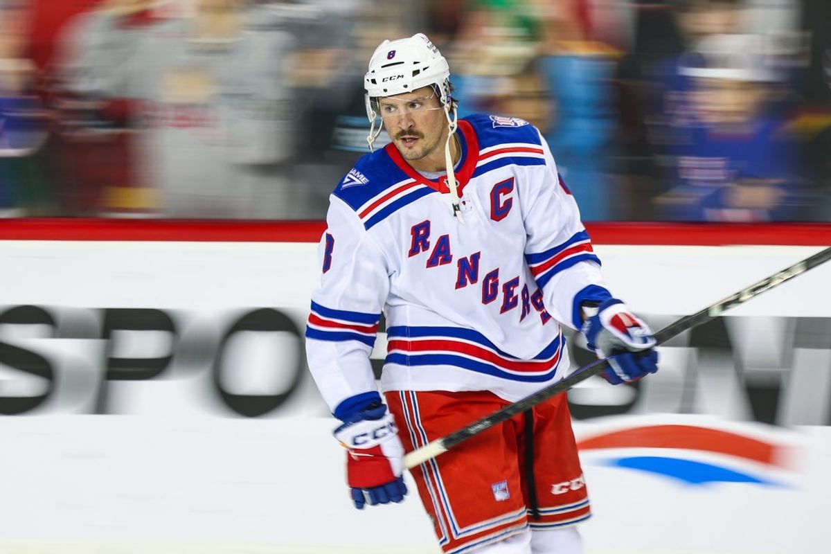 Oct 26, 2025; Calgary, Alberta, CAN; New York Rangers center J.T. Miller (8) skates during the warmup period against the Calgary Flames at Scotiabank Saddledome. Mandatory Credit: Sergei Belski-Imagn Images
