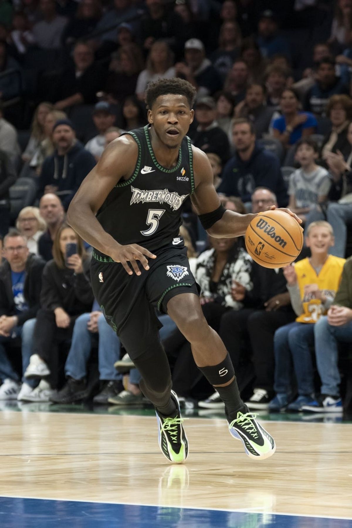 Oct 26, 2025; Minneapolis, Minnesota, USA; Minnesota Timberwolves guard Anthony Edwards (5) dribbles the ball against the Indiana Pacers in the first half at Target Center. Mandatory Credit: Jesse Johnson-Imagn Images