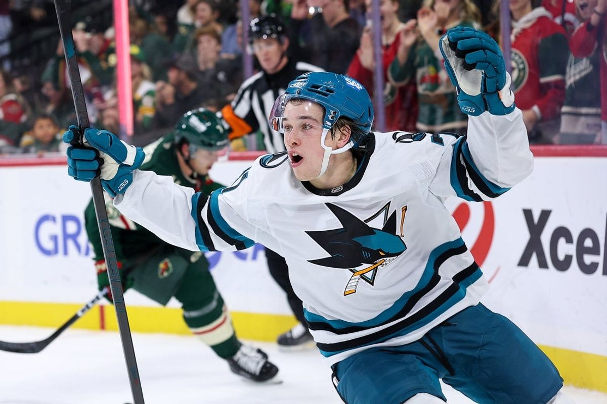 Oct 26, 2025; Saint Paul, Minnesota, USA; San Jose Sharks center Macklin Celebrini (71) celebrates his game winning overtime goal against the Minnesota Wild at Grand Casino Arena. Mandatory Credit: Matt Krohn-Imagn Images