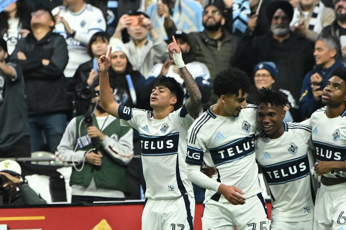 Oct 26, 2025; Vancouver, British Columbia, CAN; Vancouver Whitecaps FC midfielder Kenji Cabrera (17) celebrates scoring during the second half against FC Dallas at BC Place. Mandatory Credit: Simon Fearn-Imagn Images