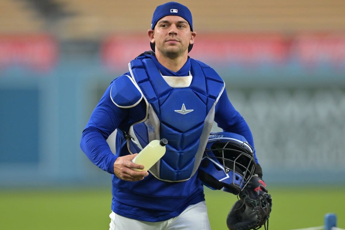 Oct 26, 2025; Los Angeles, CA, USA;  Los Angeles Dodgers catcher Ben Rortvedt (47) during World Series workouts prior to game three against the Toronto Blue Jays at Dodger Stadium. Mandatory Credit: Jayne Kamin-Oncea-Imagn Images