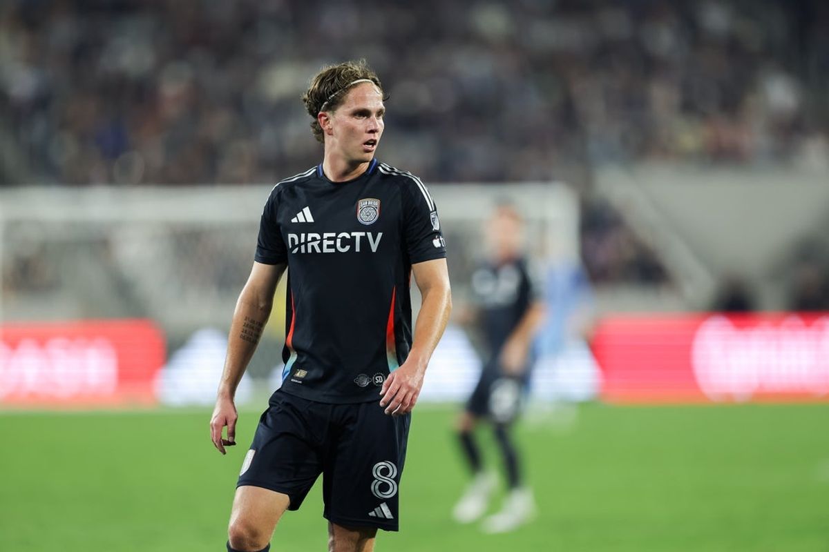Oct 26, 2025; San Diego, California, USA; San Diego FC midfielder Onni Valakari (8) looks on during the first half against Portland Timbers at Snapdragon Stadium. Mandatory Credit: Chadd Cady-Imagn Images
