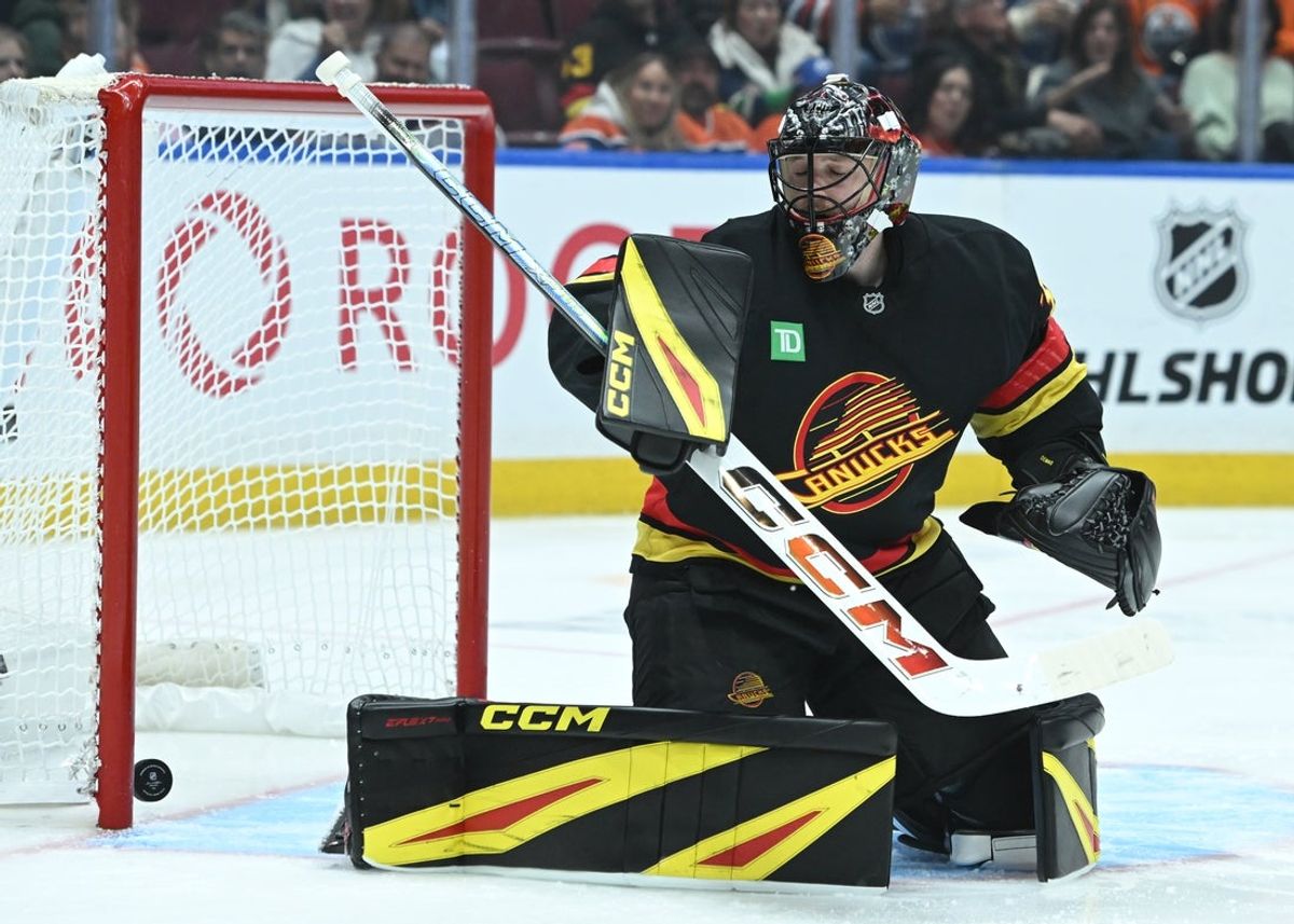 Oct 26, 2025; Vancouver, British Columbia, CAN; Vancouver Canucks goaltender Thatcher Demko (35) reacts after a goal for the Edmonton Oilers during the third period at Rogers Arena. Mandatory Credit: Simon Fearn-Imagn Images
