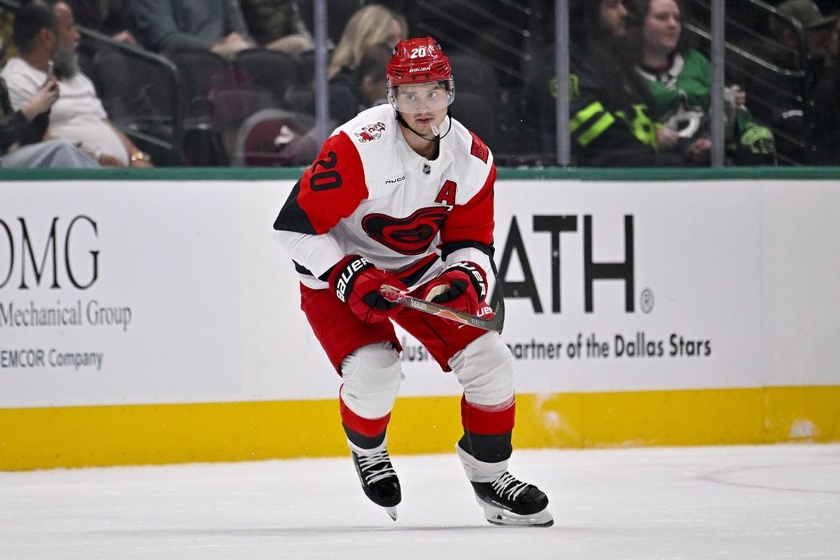 Oct 25, 2025; Dallas, Texas, USA; Carolina Hurricanes center Sebastian Aho (20) skates against the Dallas Stars during the game between the Stars and the Hurricanes at the American Airlines Center. Mandatory Credit: Jerome Miron-Imagn Images