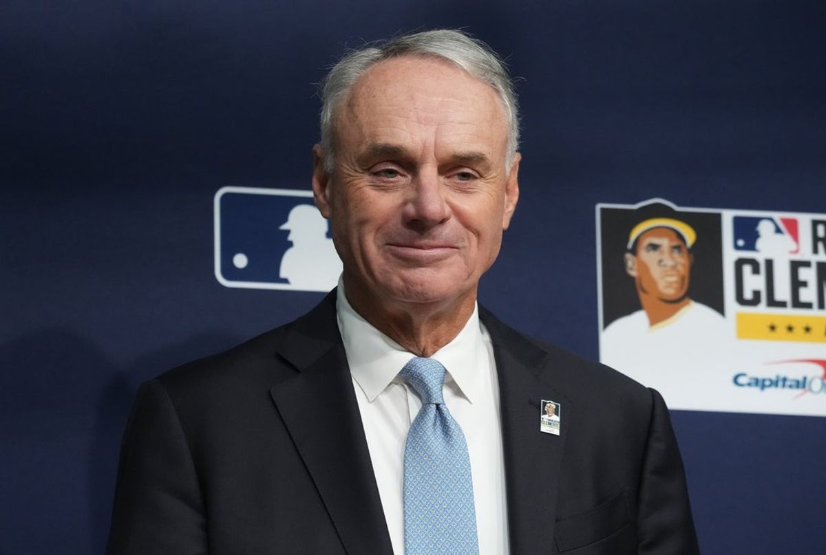 Oct 27, 2025; Los Angeles, California, USA; Major League Baseball commissioner Rob Manfred before game three of the 2025 MLB World Series between the Toronto Blue Jays and Los Angeles Dodgers at Dodger Stadium. Mandatory Credit: Kirby Lee-Imagn Images