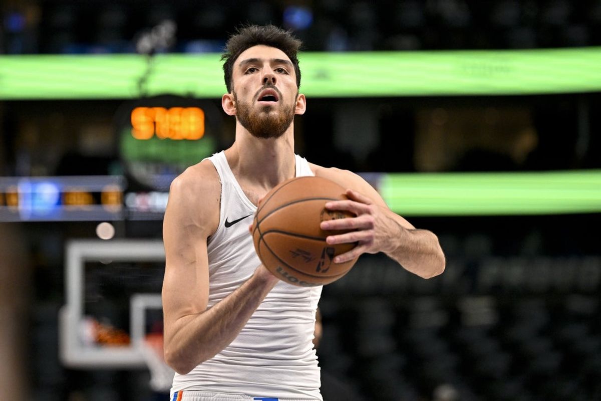 Oct 27, 2025; Dallas, Texas, USA; Oklahoma City Thunder center Chet Holmgren (7) warms up before the game against the Dallas Mavericks at the American Airlines Center. Mandatory Credit: Jerome Miron-Imagn Images