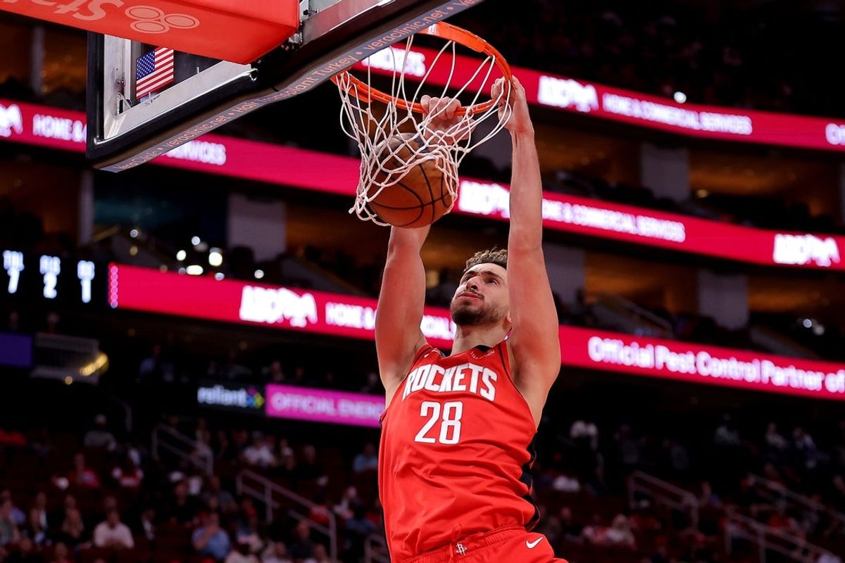 Oct 27, 2025; Houston, Texas, USA; Houston Rockets center Alperen Sengun (28) dunks against the Brooklyn Nets during the first quarter at Toyota Center. Mandatory Credit: Erik Williams-Imagn Images